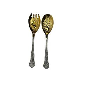 Decorative Vintage Gold & Silver Salad Serving Set Mid Century TableWare Dining